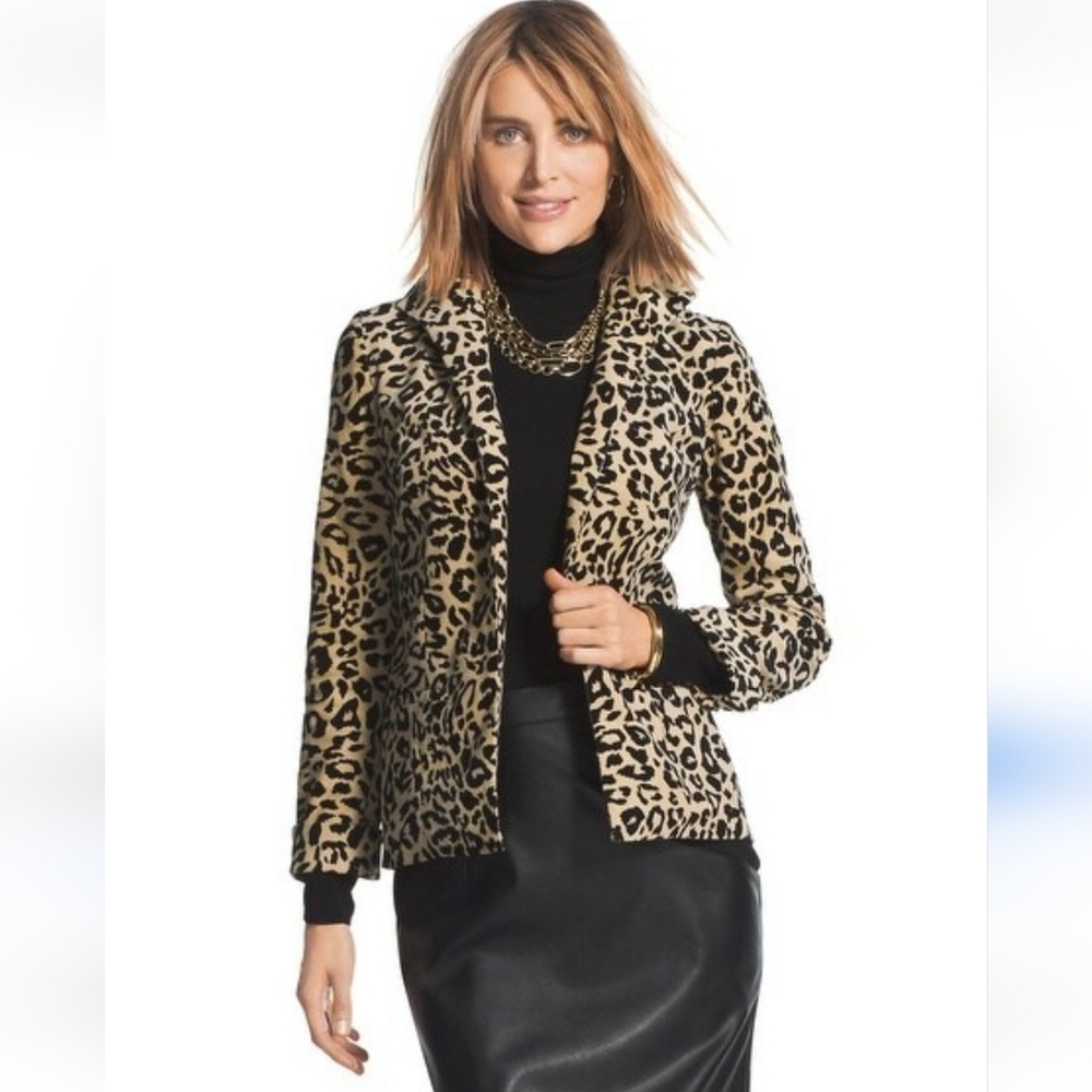 Chicos Leopard Print Blazer Jacket Tan Black‎ Size 1